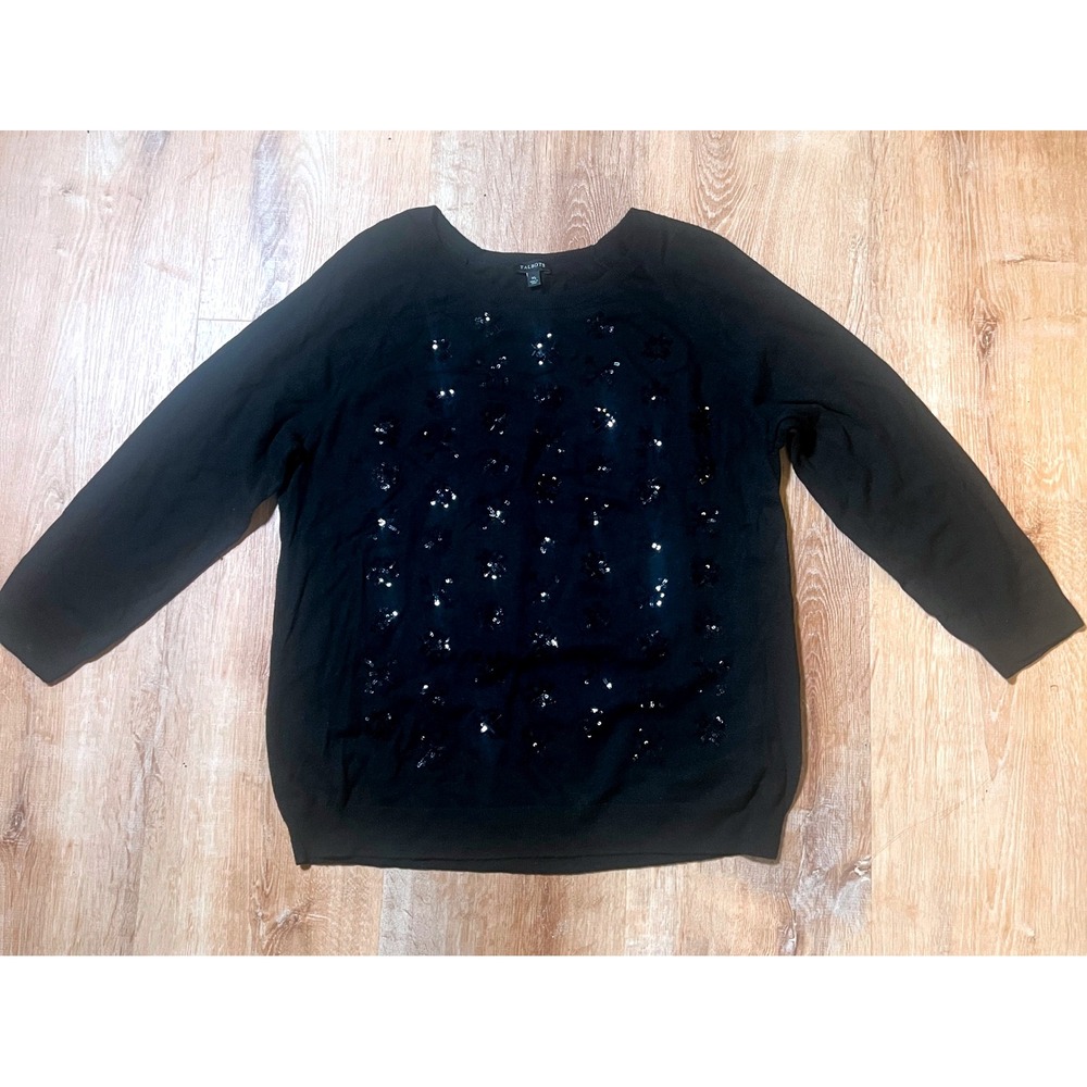 Talbots Sequin Embellished Lambswool Sweater Size‎ XL Black Lightweight Dressy